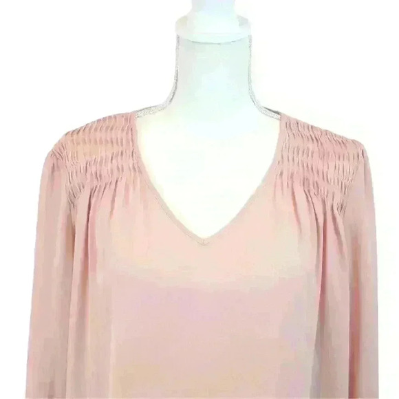 Violet + Claire Sheer Baby Pink Long Sleeve Blouse V-Neck w/ Ruching Size Medium - Picture 2 of 7